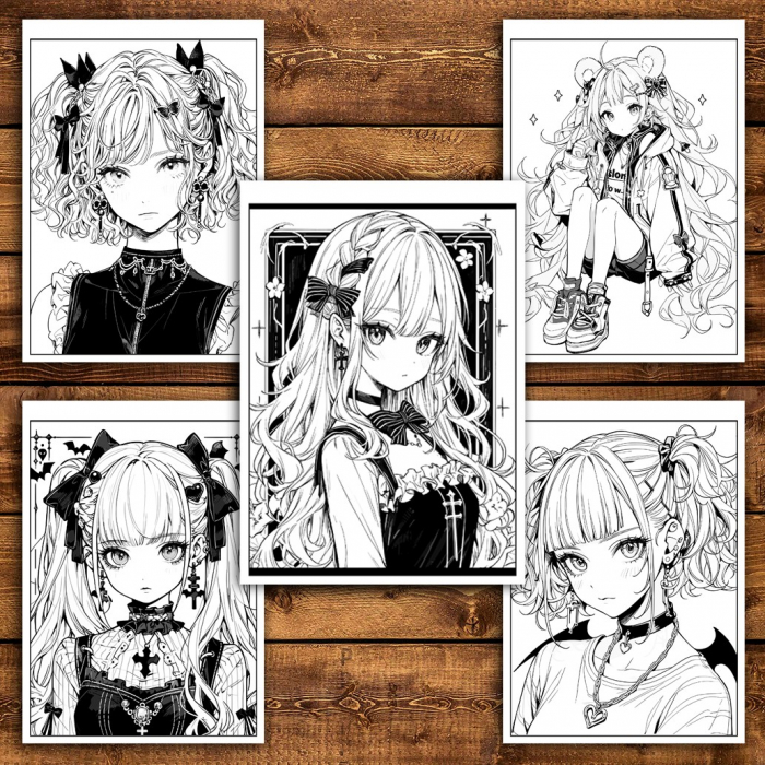 Carte de colorat pentru adulti, 50 de ilustratii, Anime Goth Girls, 106 pagini [5]