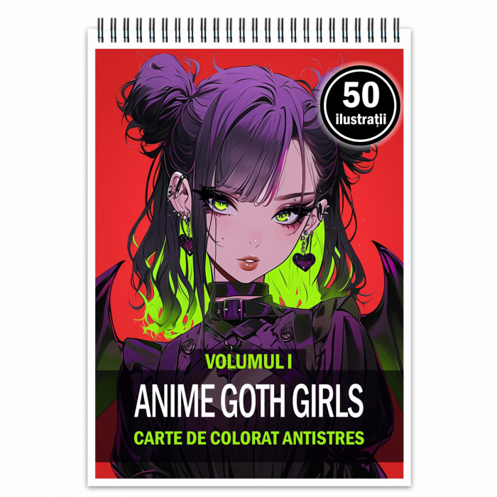 Carte de colorat pentru adulti, 50 de ilustratii, Anime Goth Girls, 106 pagini [1]