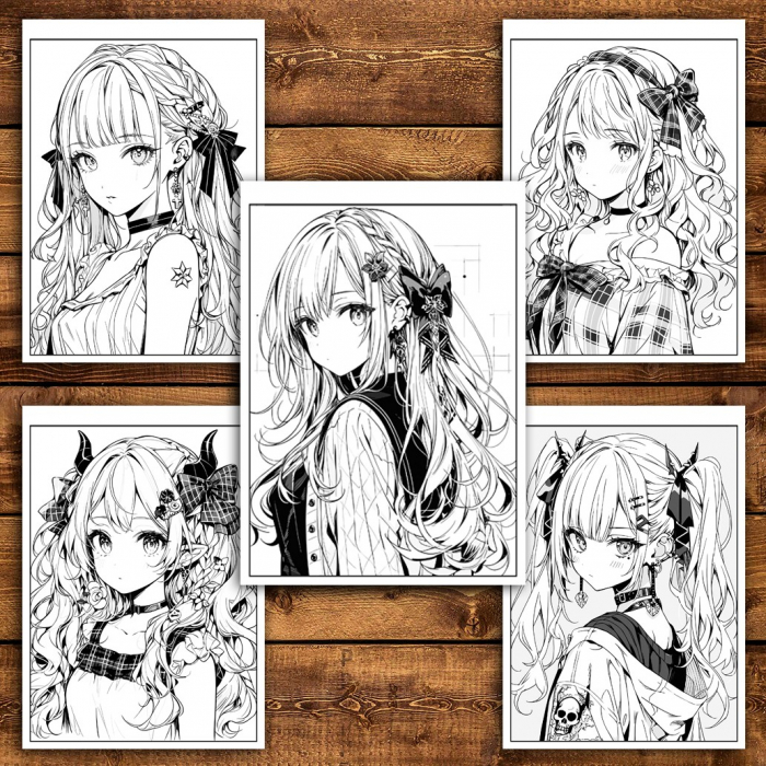 Carte de colorat pentru adulti, 50 de ilustratii, Anime Goth Girls, 106 pagini [4]