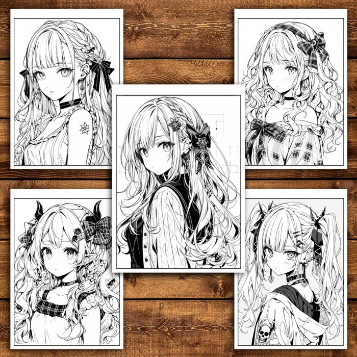 Carte de colorat pentru adulti, 50 de ilustratii, Anime Goth Girls, 106 pagini [4]