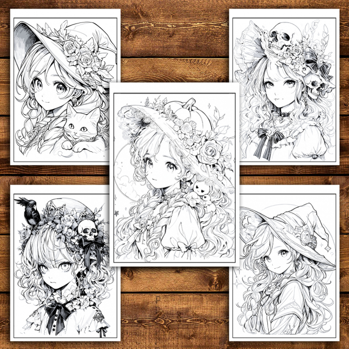 Carte de colorat pentru adulti cu ilustratii anime fete in stil halloween​ [4]
