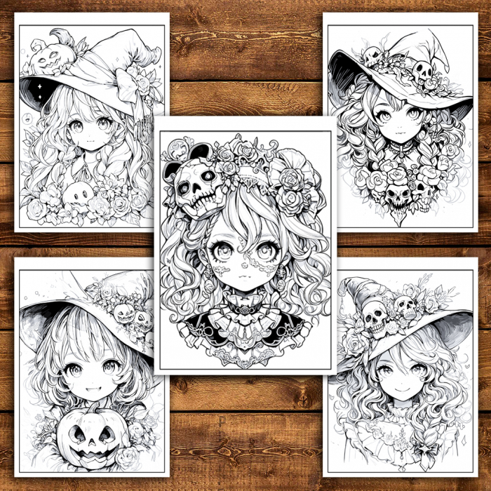 Carte de colorat pentru adulti cu ilustratii anime fete in stil halloween​ [5]