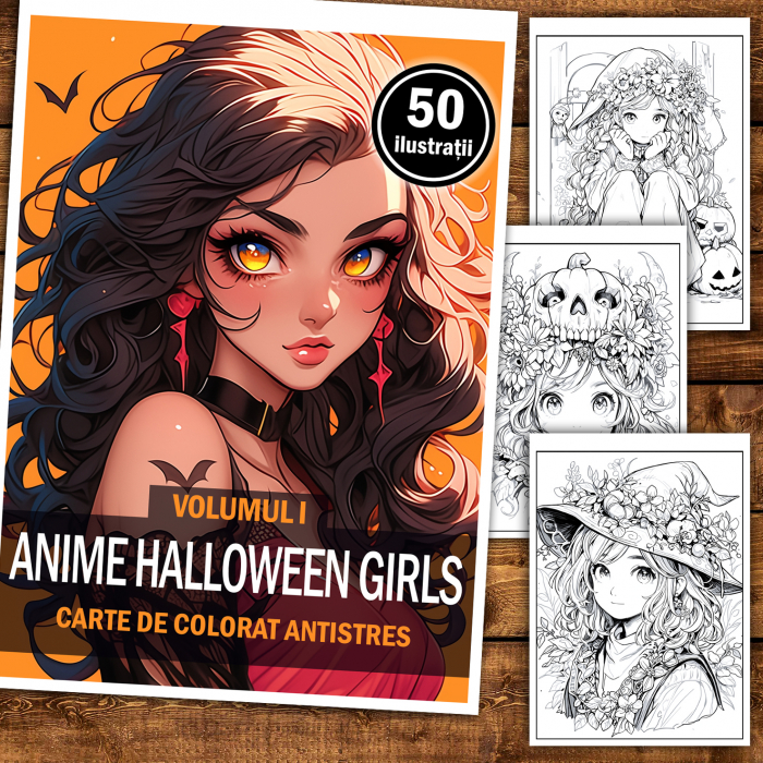 Carte de colorat pentru adulti cu ilustratii anime fete in stil halloween​ [2]