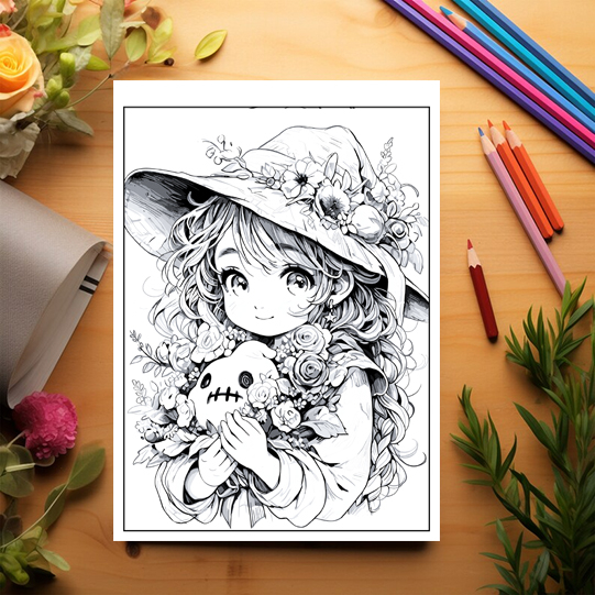 Carte de colorat pentru adulti cu ilustratii anime fete in stil halloween​ [3]
