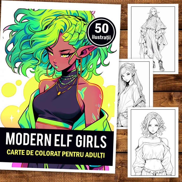 Carte de colorat pentru adulti, 50 de ilustratii Anime Modern Elves, 106 pagini [2]