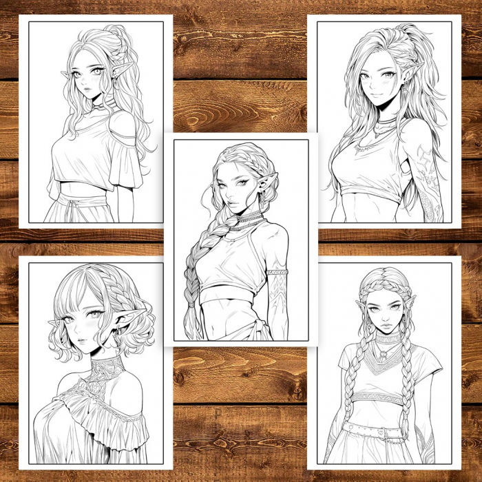 Carte de colorat pentru adulti, 50 de ilustratii Anime Modern Elves, 106 pagini [5]