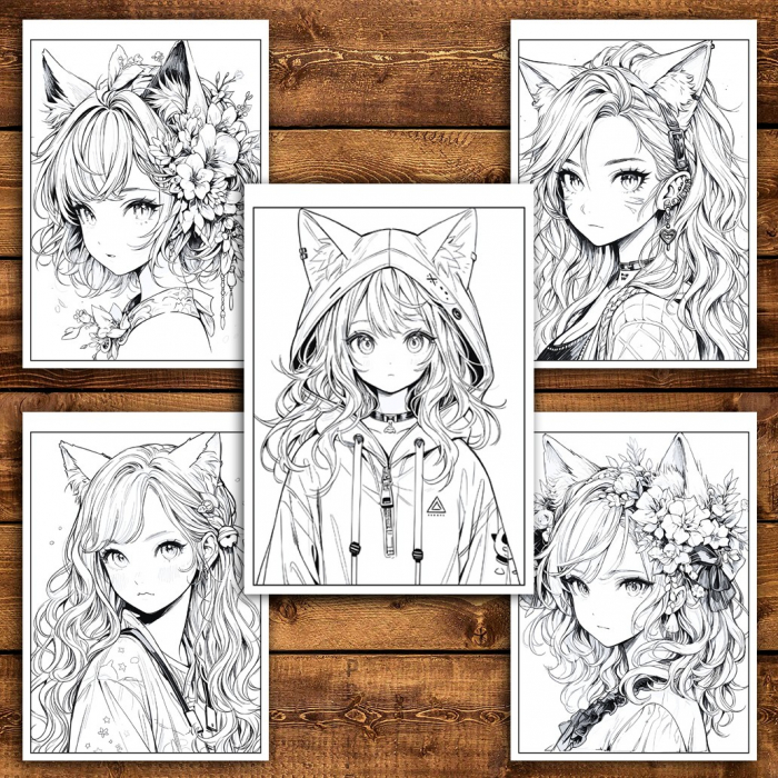 Carte de colorat pentru adulti, 50 de ilustratii Anime Neko Girls, 106 pagini [4]