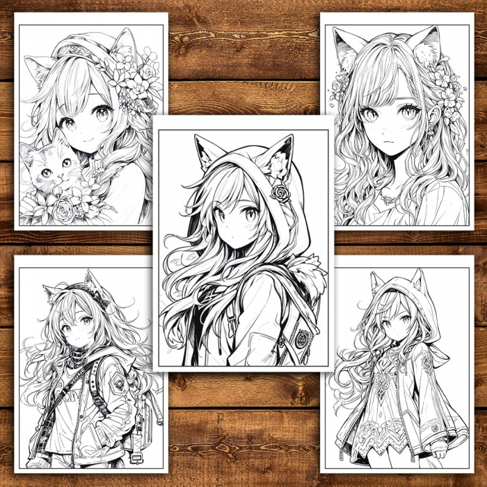 Carte de colorat pentru adulti, 50 de ilustratii Anime Neko Girls, 106 pagini [5]