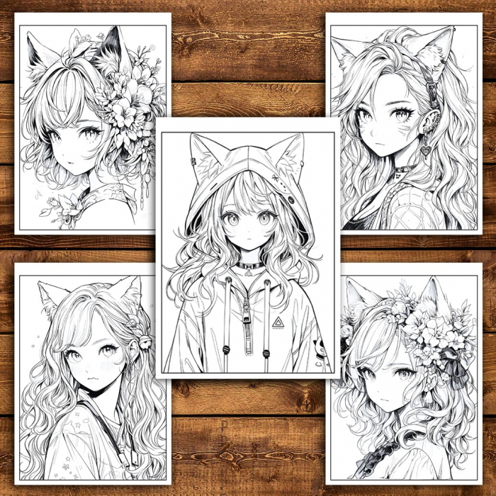 Carte de colorat pentru adulti, 50 de ilustratii Anime Neko Girls, 106 pagini [4]