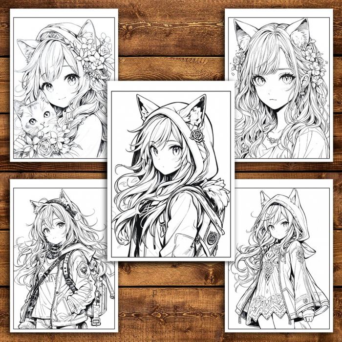 Carte de colorat pentru adulti, 50 de ilustratii Anime Neko Girls, 106 pagini [5]
