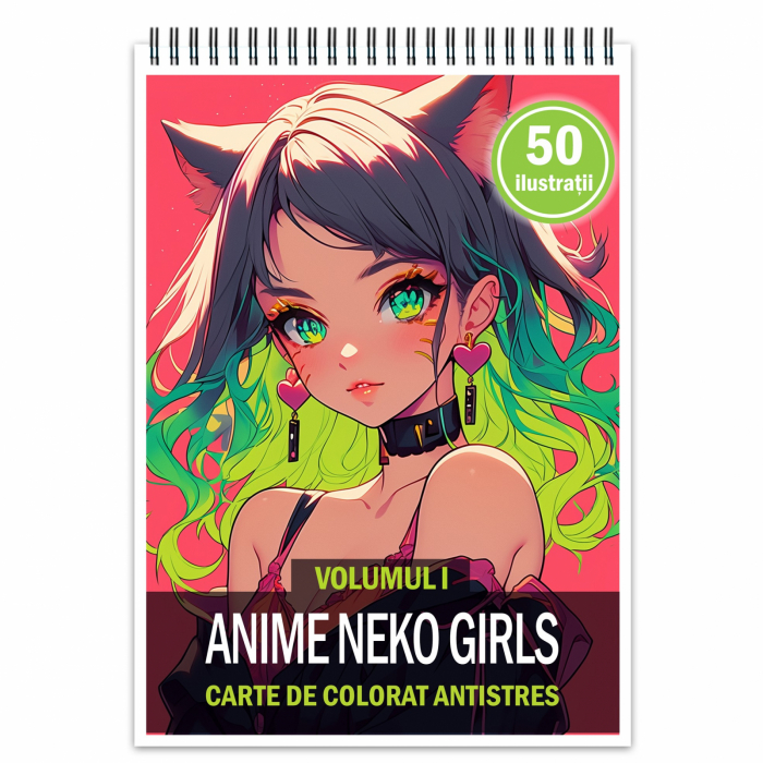 Carte de colorat pentru adulti, 50 de ilustratii Anime Neko Girls, 106 pagini [1]