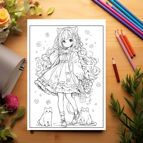 Carte de colorat pentru adulti, 50 de ilustratii Anime Neko Girls, 106 pagini [3]