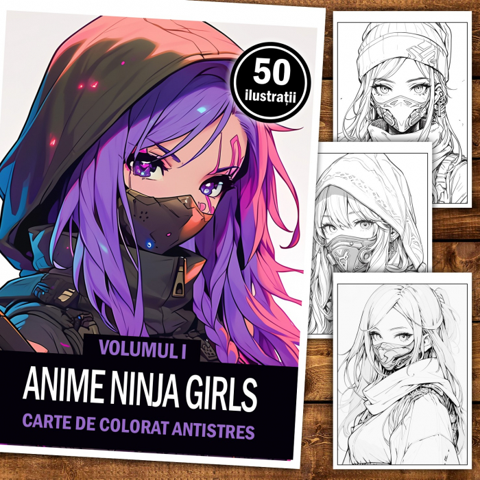 Carte de colorat pentru adulti, 50 de ilustratii Anime Ninja Girls, 106 pagini [2]
