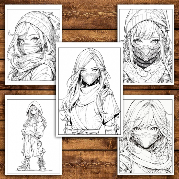 Carte de colorat pentru adulti, 50 de ilustratii Anime Ninja Girls, 106 pagini [4]