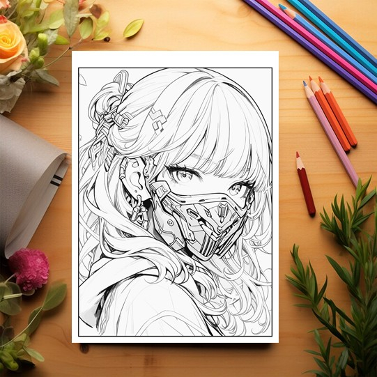 Carte de colorat pentru adulti, 50 de ilustratii Anime Ninja Girls, 106 pagini [3]