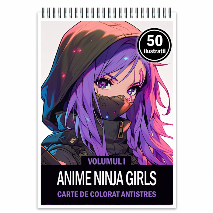 Carte de colorat pentru adulti, 50 de ilustratii Anime Ninja Girls, 106 pagini [1]