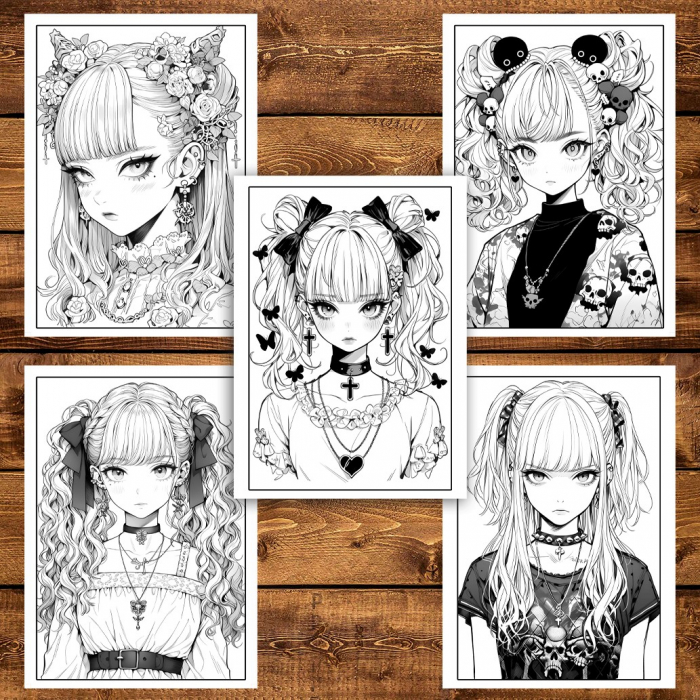 Carte de colorat pentru adulti, 50 de ilustratii, Anime Pastel Goth Girls, 106 pagini [4]