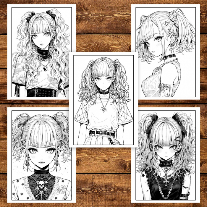Carte de colorat pentru adulti, 50 de ilustratii, Anime Pastel Goth Girls, 106 pagini [5]