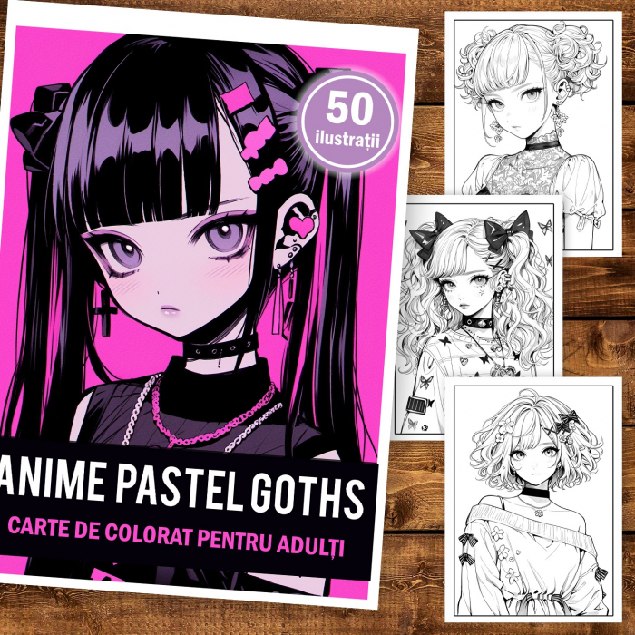 Carte de colorat pentru adulti, 50 de ilustratii, Anime Pastel Goth Girls, 106 pagini [2]
