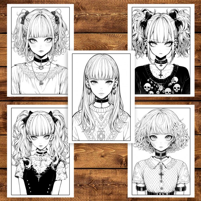 Carte de colorat pentru adulti, 50 de ilustratii, Anime Pastel Goth Girls, 106 pagini [6]