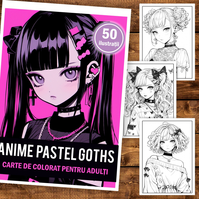 Carte de colorat pentru adulti, 50 de ilustratii, Anime Pastel Goth Girls, 106 pagini [2]