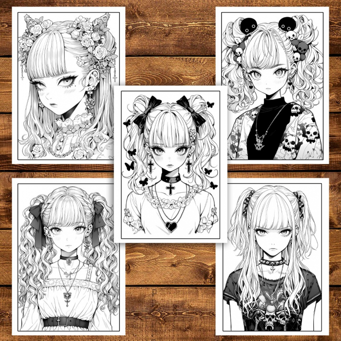 Carte de colorat pentru adulti, 50 de ilustratii, Anime Pastel Goth Girls, 106 pagini [4]