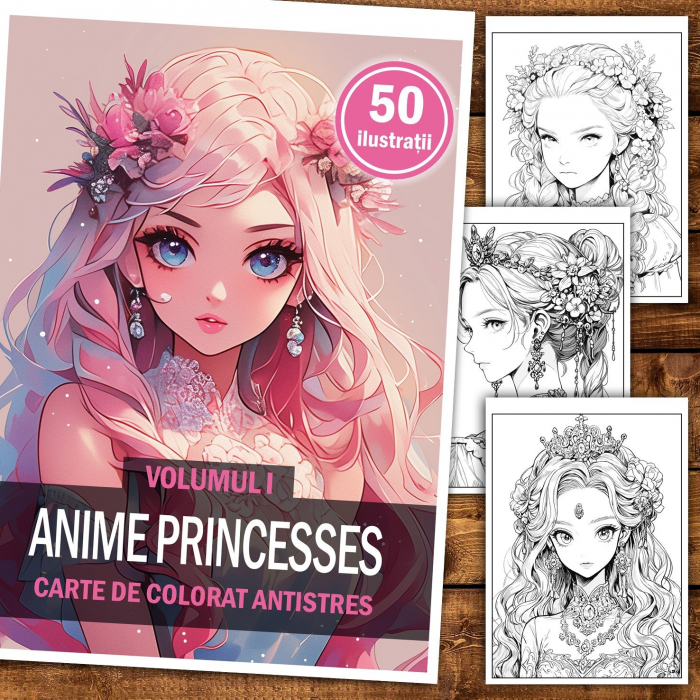Carte de colorat pentru adulti, 50 de ilustratii, Anime Princesses - Volumul I, 106 pagini [2]