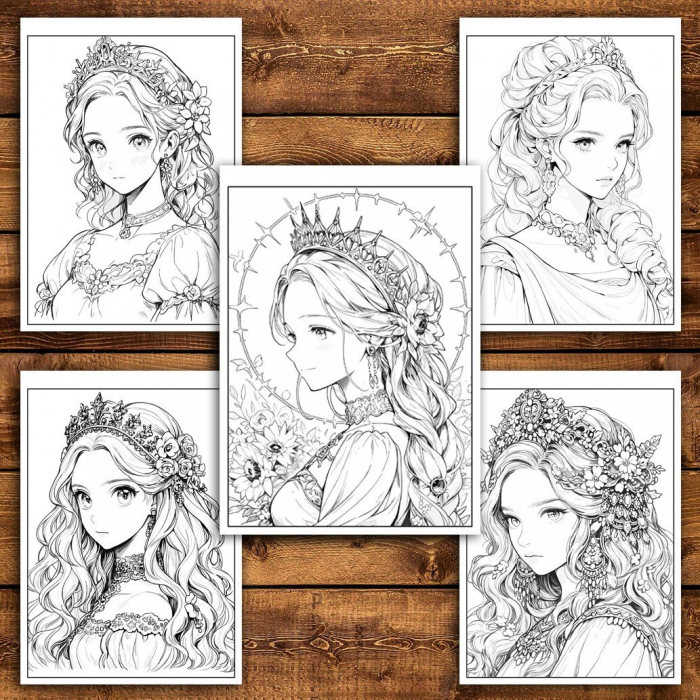 Carte de colorat pentru adulti, 50 de ilustratii, Anime Princesses - Volumul I, 106 pagini [4]