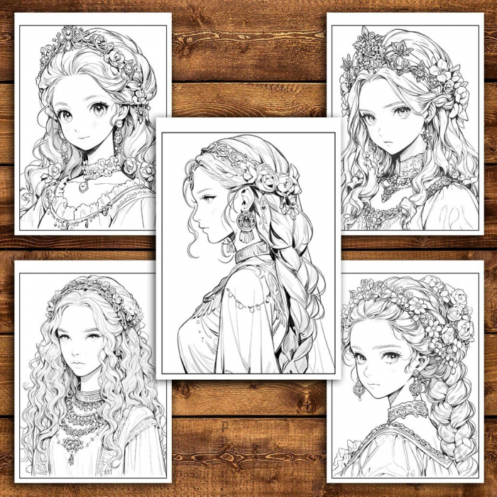 Carte de colorat pentru adulti, 50 de ilustratii, Anime Princesses - Volumul I, 106 pagini [3]