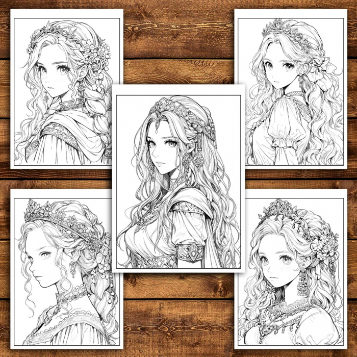 Carte de colorat pentru adulti, 50 de ilustratii, Anime Princesses - Volumul II, 106 pagini [4]
