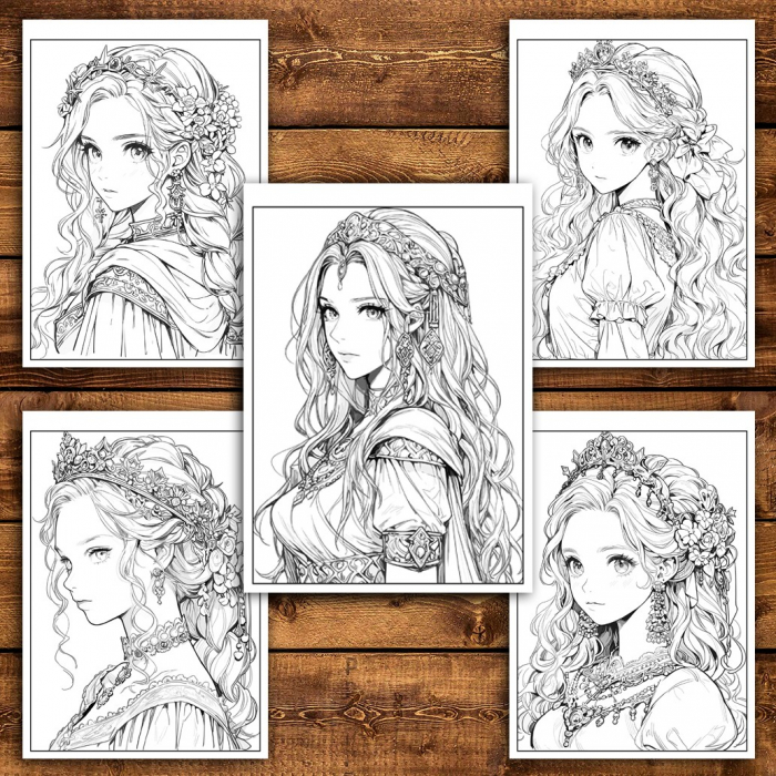 Carte de colorat pentru adulti, 50 de ilustratii, Anime Princesses - Volumul II, 106 pagini [4]
