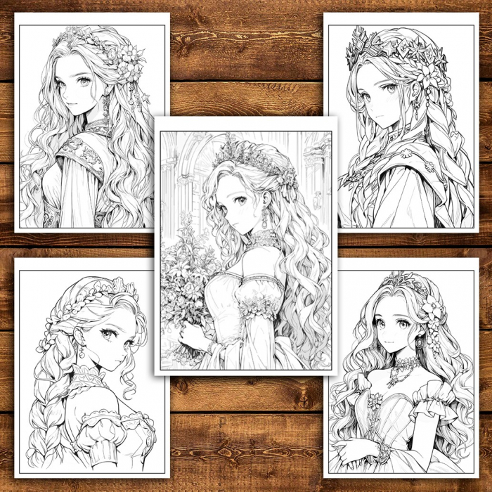 Carte de colorat pentru adulti, 50 de ilustratii, Anime Princesses - Volumul II, 106 pagini [5]