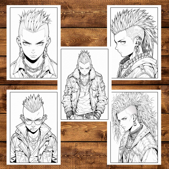 Carte de colorat pentru adulti, 50 de ilustratii Anime Punk Boys, 106 pagini [6]
