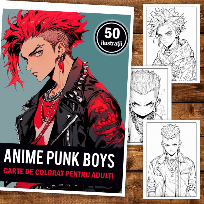Carte de colorat pentru adulti, 50 de ilustratii Anime Punk Boys, 106 pagini [2]