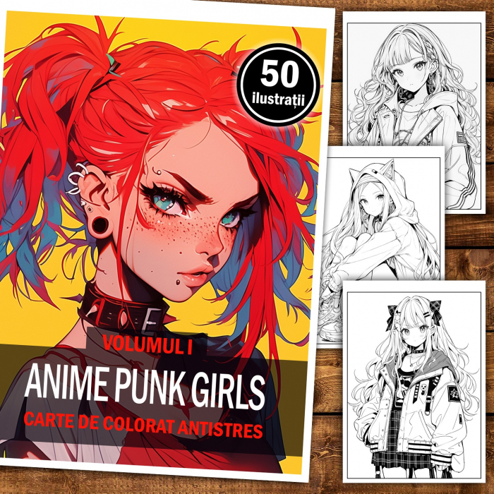 Carte de colorat pentru adulti, 50 de ilustratii, Anime Punk Girls, 106 pagini [2]