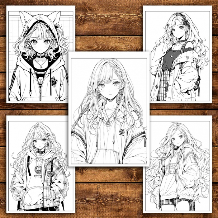 Carte de colorat pentru adulti, 50 de ilustratii, Anime Punk Girls, 106 pagini [4]