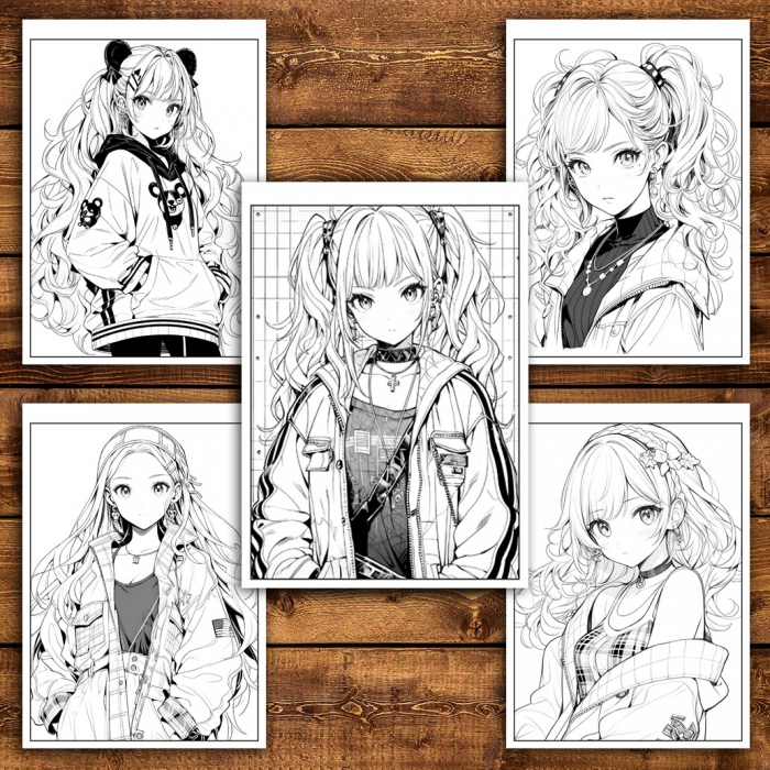 Carte de colorat pentru adulti, 50 de ilustratii, Anime Punk Girls, 106 pagini [5]