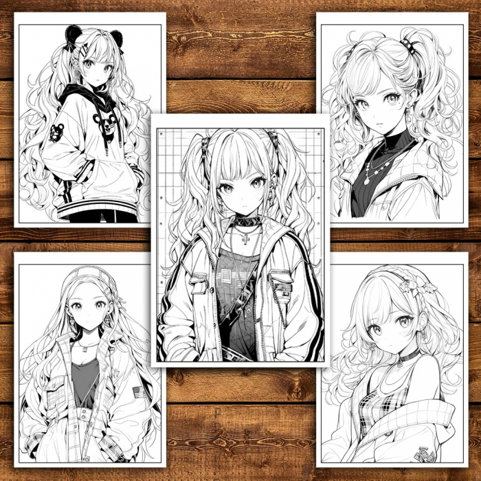 Carte de colorat pentru adulti, 50 de ilustratii, Anime Punk Girls, 106 pagini [5]