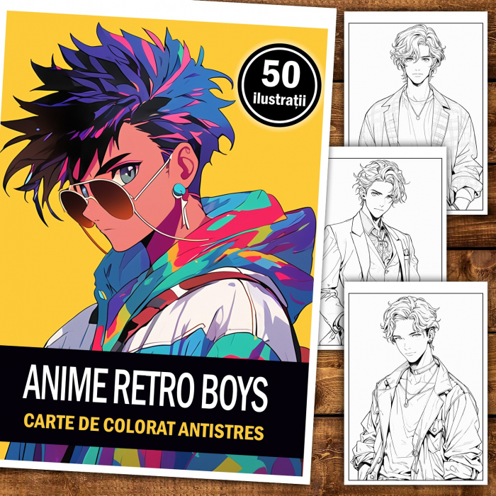 Carte de colorat pentru adulti, 50 de ilustratii Anime Retro Boys, 106 pagini [2]