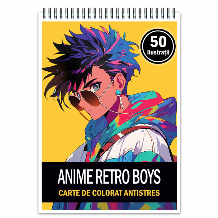 Carte de colorat pentru adulti, 50 de ilustratii Anime Retro Boys, 106 pagini [1]