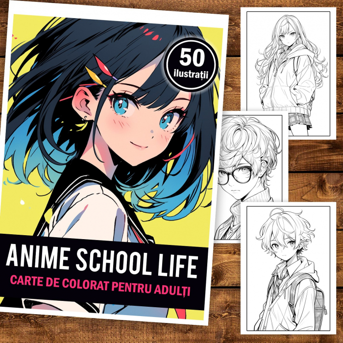 Carte de colorat pentru adulti, 50 de ilustratii Anime School Life, 106 pagini [2]
