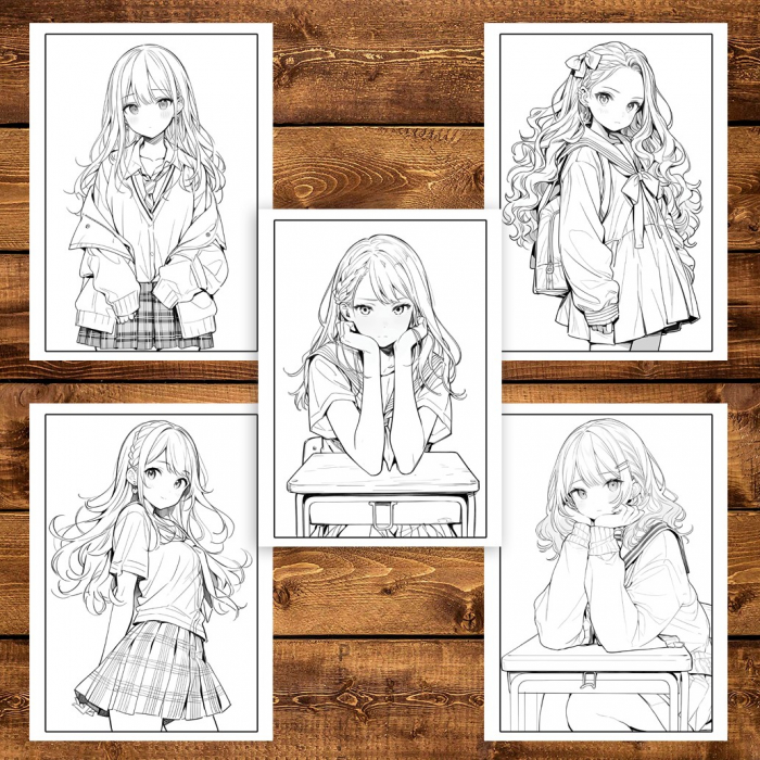 Carte de colorat pentru adulti, 50 de ilustratii Anime School Life, 106 pagini [5]