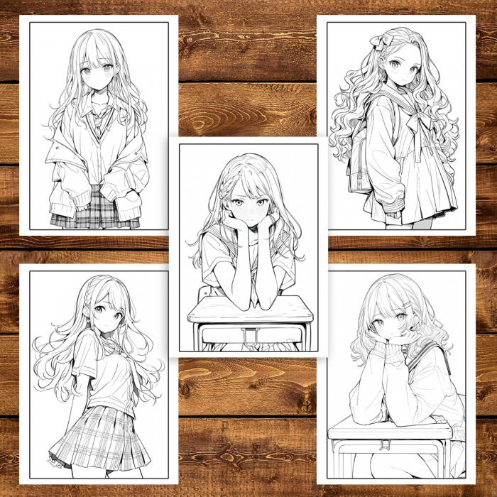 Carte de colorat pentru adulti, 50 de ilustratii Anime School Life, 106 pagini [5]