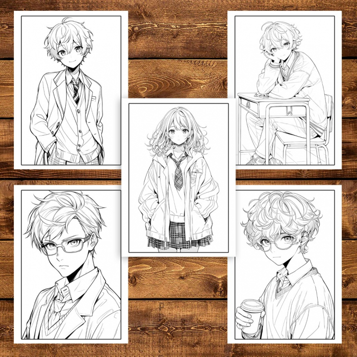 Carte de colorat pentru adulti, 50 de ilustratii Anime School Life, 106 pagini [4]
