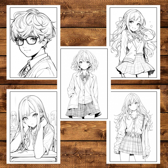 Carte de colorat pentru adulti, 50 de ilustratii Anime School Life, 106 pagini [6]