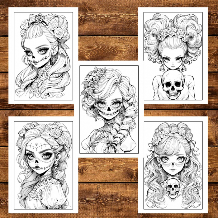 Carte de colorat pentru adulti, 50 de ilustratii, Anime Skull Girls 106 pagini [6]
