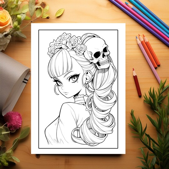 Carte de colorat pentru adulti, 50 de ilustratii, Anime Skull Girls 106 pagini [3]