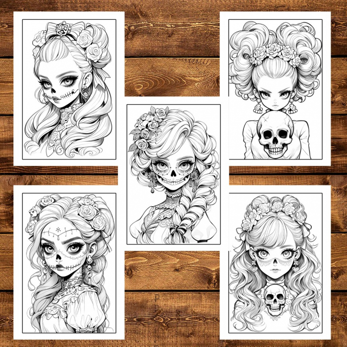 Carte de colorat pentru adulti, 50 de ilustratii, Anime Skull Girls 106 pagini [6]