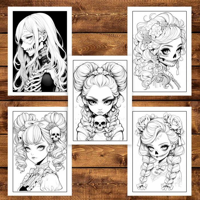 Carte de colorat pentru adulti, 50 de ilustratii, Anime Skull Girls 106 pagini [5]