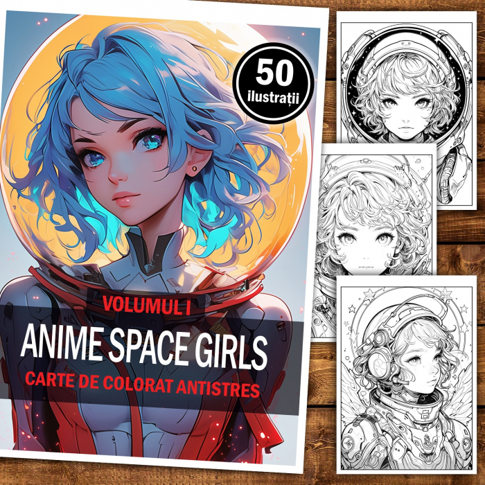 Carte de colorat pentru adulti, 50 de ilustratii Anime Space Girls, 106 pagini [2]
